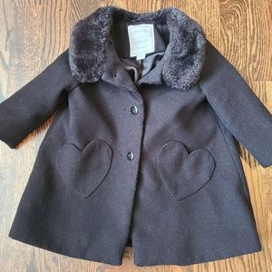 Gymboree Girls Black Dress Coat with Faux Fur Collar Heart Pockets 6-12 months
